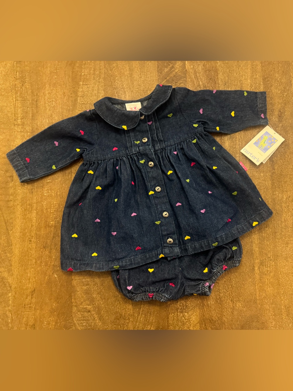 Carter's Vintage Y2K Embroidered Hearts Baby Girl Denim Dress